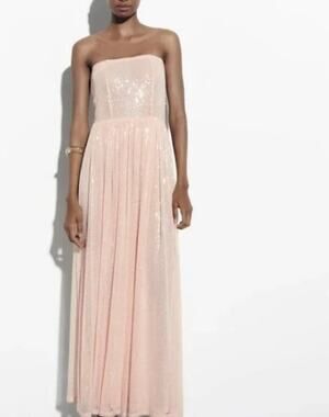 Zara Powder Pink Sequin Strapless Maxi Dress Stretch Fit Size Medium